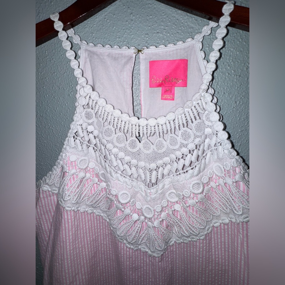 🔥Lilly Pulitzer Britt Seersucker Striped Halter Lace Dress Havana Pink - Picture 9 of 10